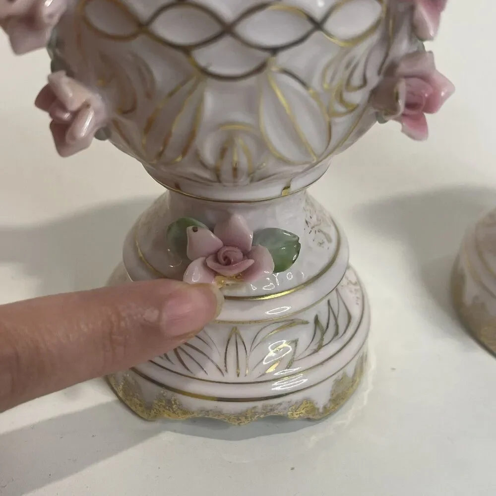 Vintage Lefton China Pink Roses Pitcher Vase Pair See Description